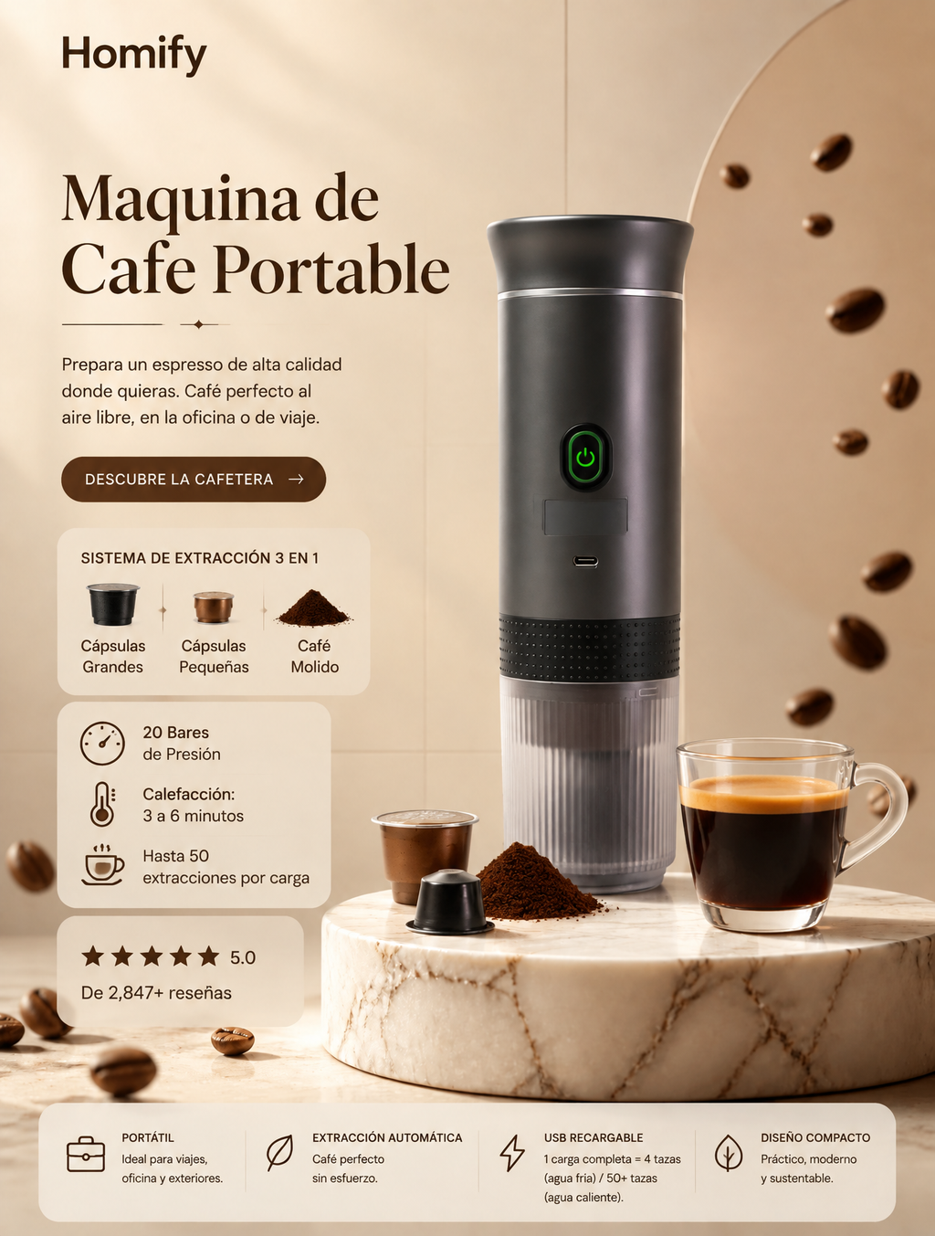Caffio™ Maquina de Café Portátil 3 en 1 | Tu café favorito. Donde quieras. Cuando quieras.